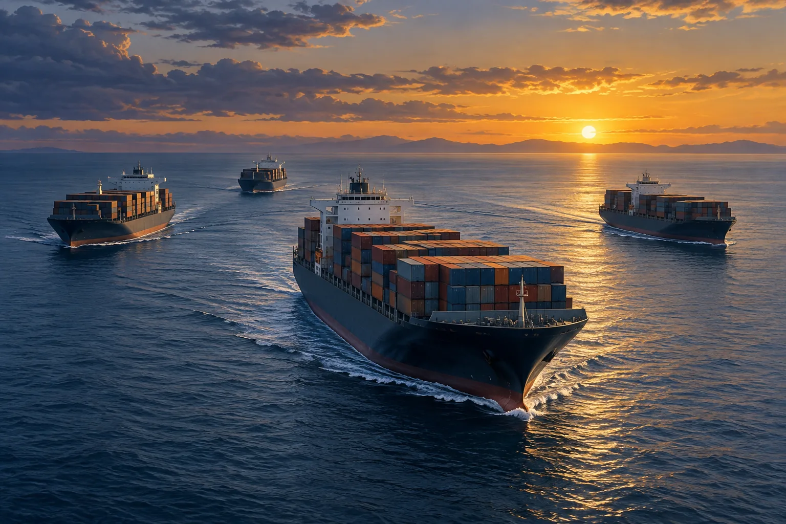 Illustration of container ships in a cooperative fleet formation