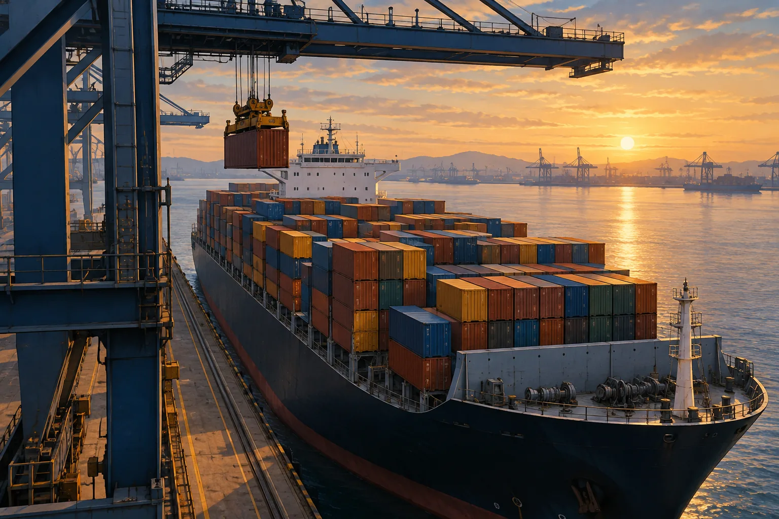 Illustration of a container ship docked at a terminal