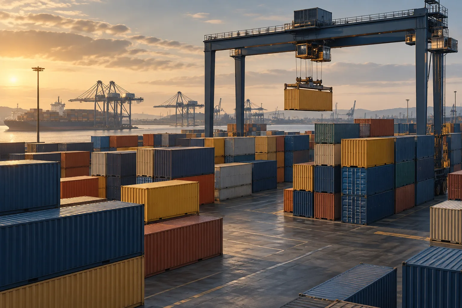 Illustration of mixed intermodal shipping containers in a container yard