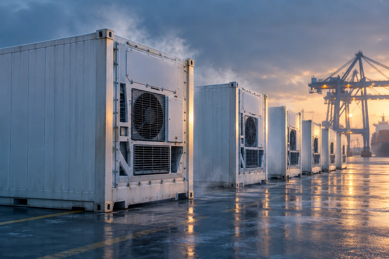 Illustration of a refrigerated shipping container with a cooling unit
