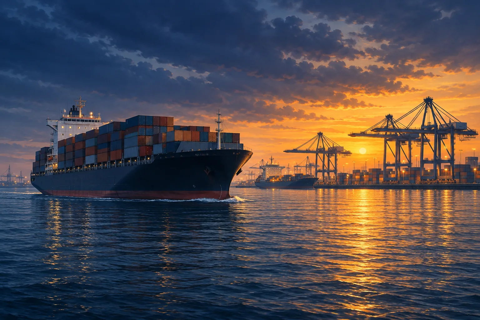Editorial illustration of a container ship approaching a port at dusk