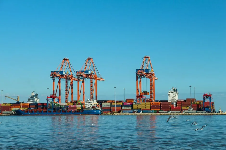 Container ship berthed at a port terminal beneath gantry cranes